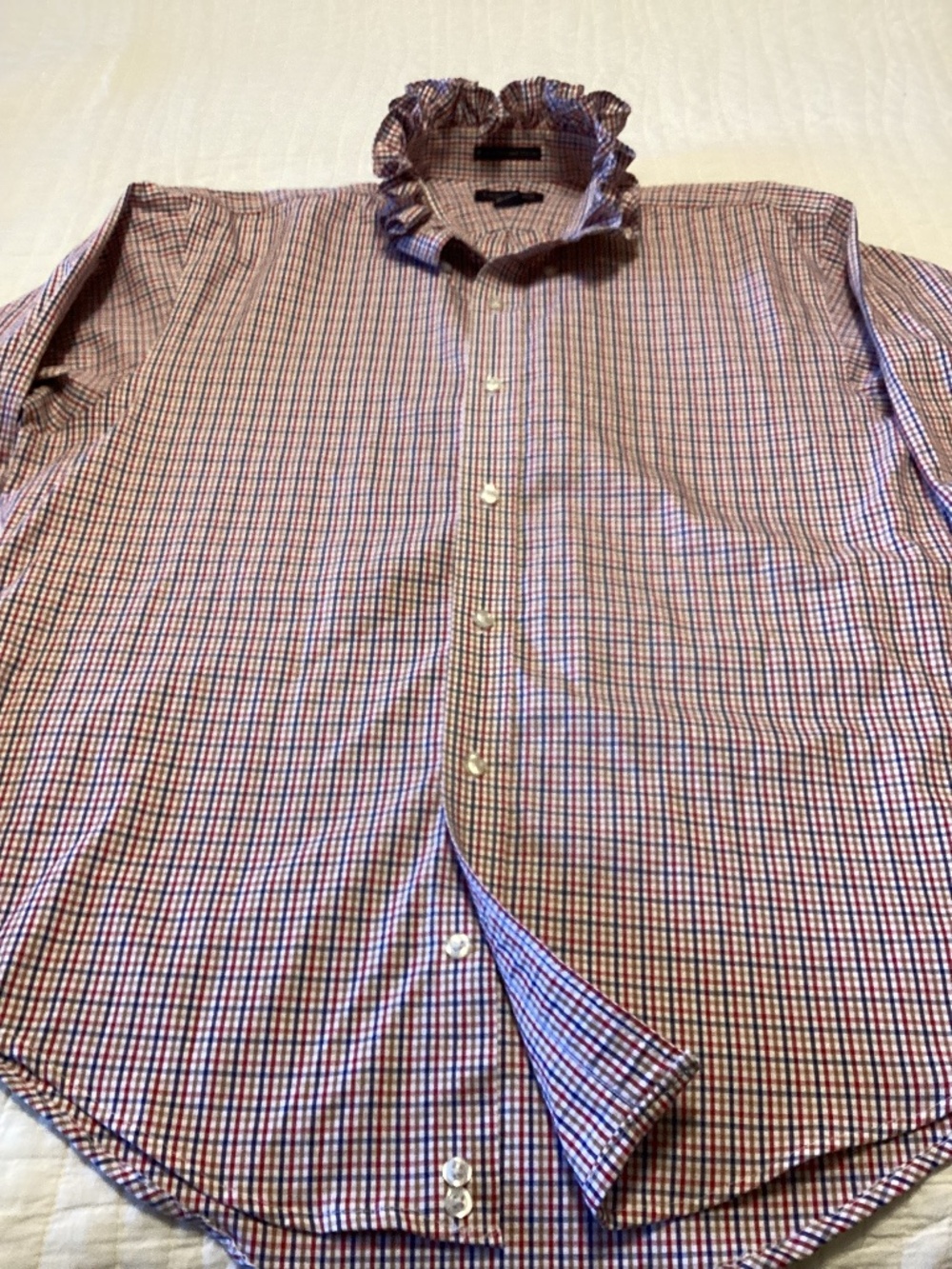 Lands End Upcycled Ruffle Collar Gingham Shirt Size 15.5-32
